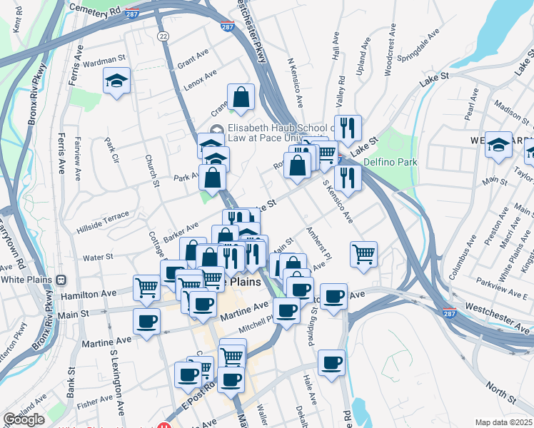 map of restaurants, bars, coffee shops, grocery stores, and more near 15 Lake Street in White Plains