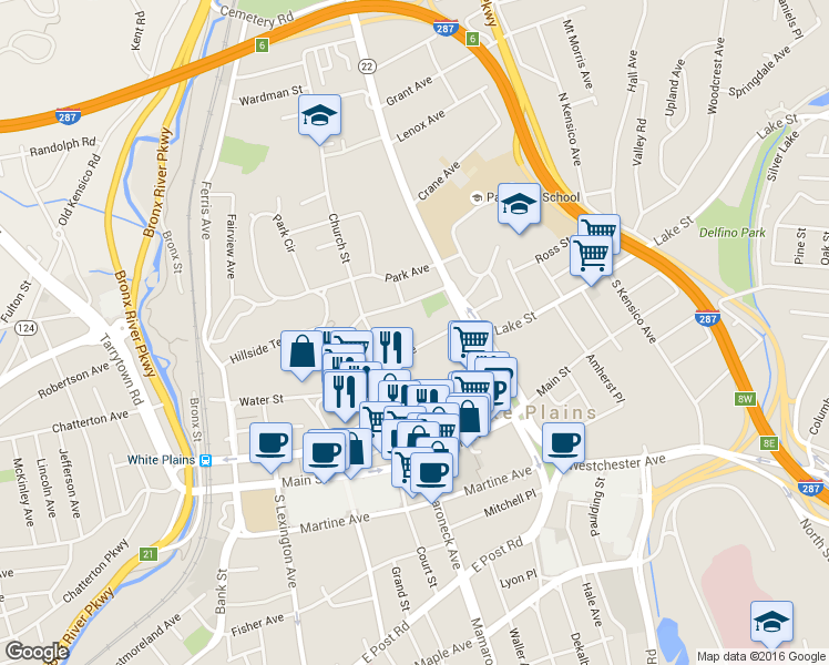 map of restaurants, bars, coffee shops, grocery stores, and more near 48 Rockledge Avenue in White Plains