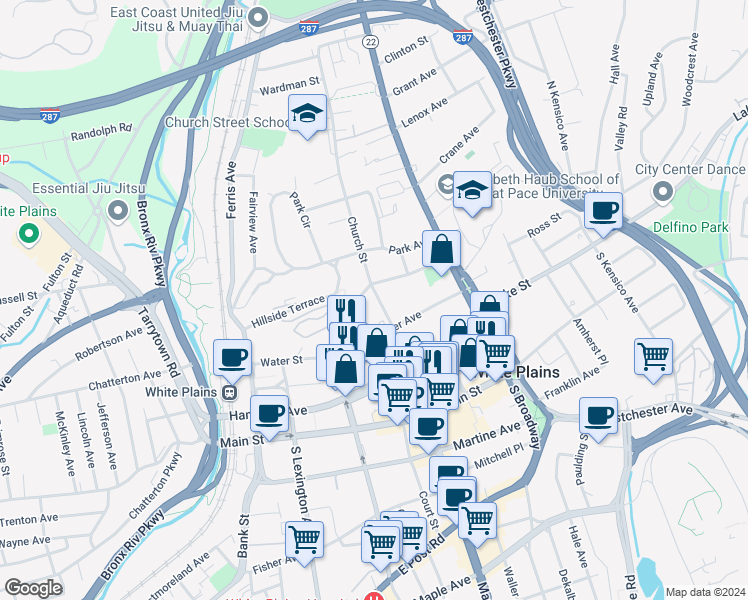 map of restaurants, bars, coffee shops, grocery stores, and more near 43 Rockledge Avenue in White Plains