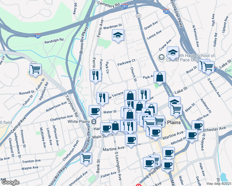 map of restaurants, bars, coffee shops, grocery stores, and more near 40-42 Park Avenue in White Plains