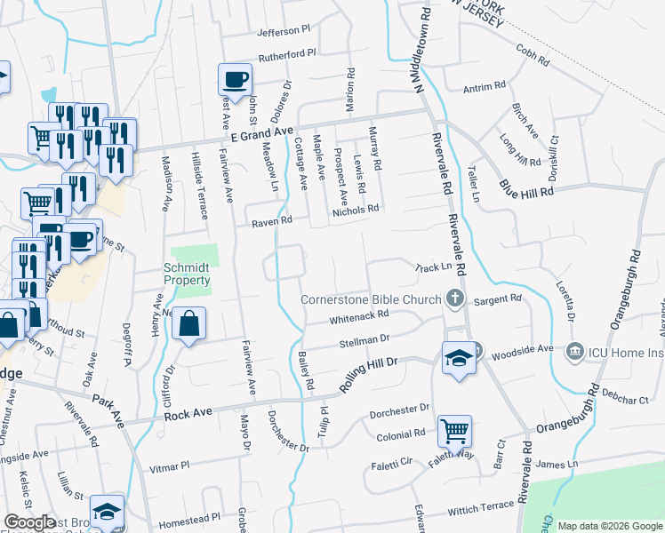 map of restaurants, bars, coffee shops, grocery stores, and more near 316 Hanna Road in River Vale