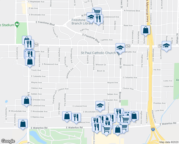 map of restaurants, bars, coffee shops, grocery stores, and more near 1701 Girard Street in Akron