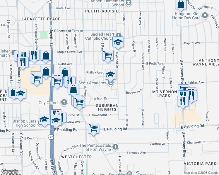 map of restaurants, bars, coffee shops, grocery stores, and more near 911 E Fairfax Ave in Fort Wayne