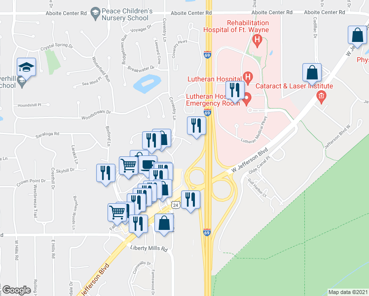 map of restaurants, bars, coffee shops, grocery stores, and more near 5455 Coventry Lane in Fort Wayne