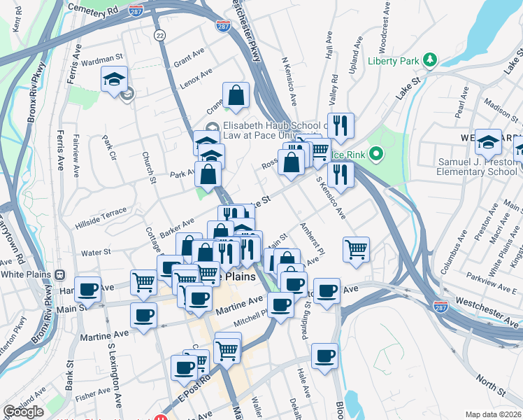 map of restaurants, bars, coffee shops, grocery stores, and more near 15 Lake Street in White Plains