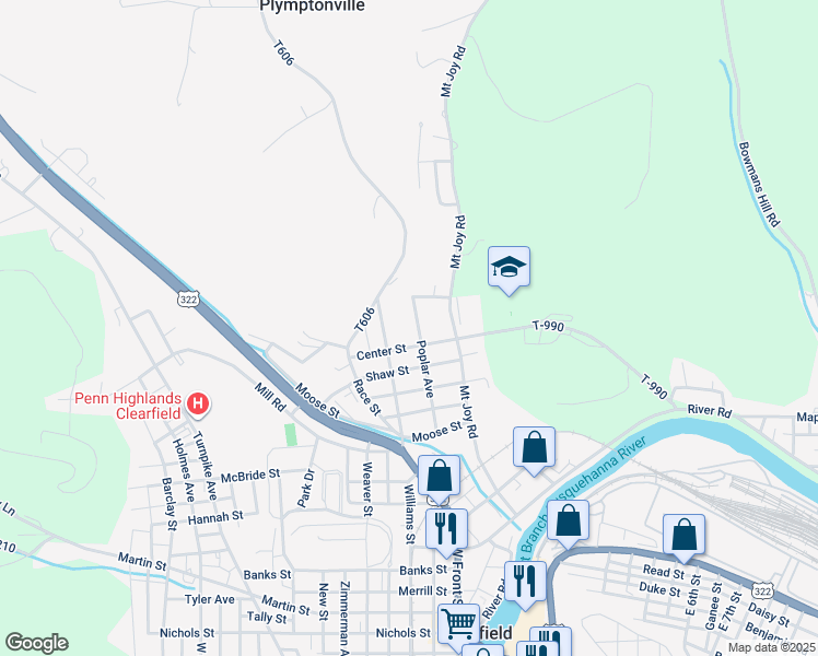 map of restaurants, bars, coffee shops, grocery stores, and more near 416 Poplar Avenue in Clearfield