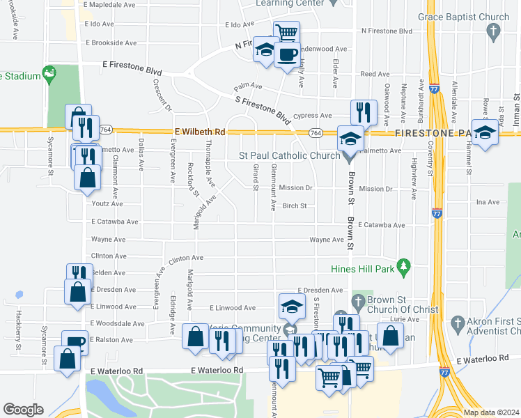map of restaurants, bars, coffee shops, grocery stores, and more near 1727 Girard Street in Akron