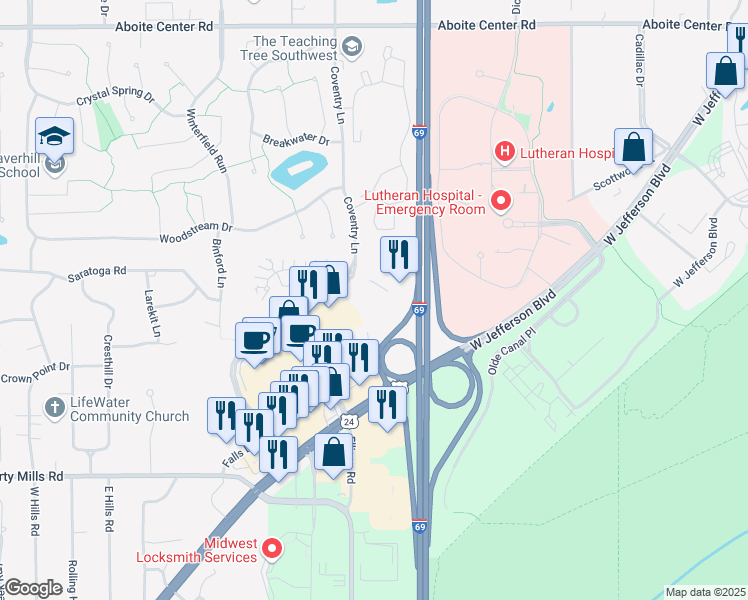 map of restaurants, bars, coffee shops, grocery stores, and more near 5495 Coventry Lane in Fort Wayne