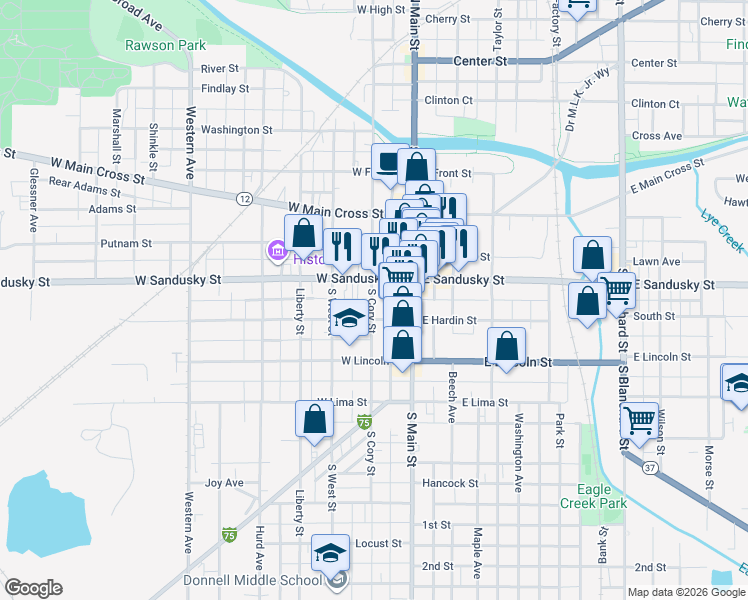 map of restaurants, bars, coffee shops, grocery stores, and more near 519 South Cory Street in Findlay