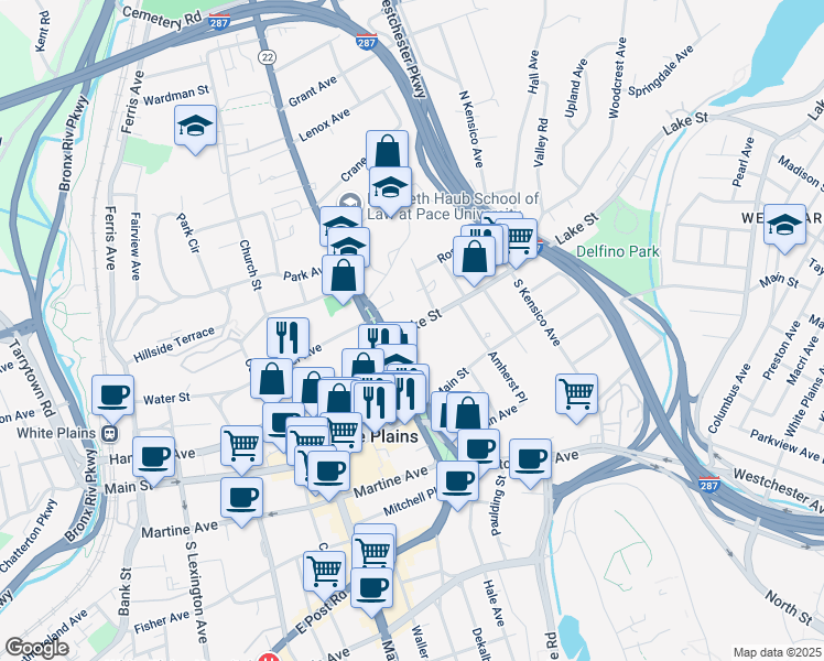 map of restaurants, bars, coffee shops, grocery stores, and more near 44 North Broadway in White Plains