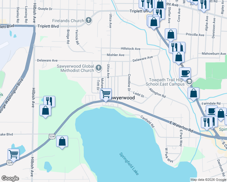 map of restaurants, bars, coffee shops, grocery stores, and more near 1014 Onondago Trail in Akron