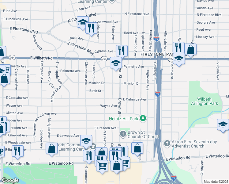 map of restaurants, bars, coffee shops, grocery stores, and more near 1633 Greenlawn Avenue in Akron