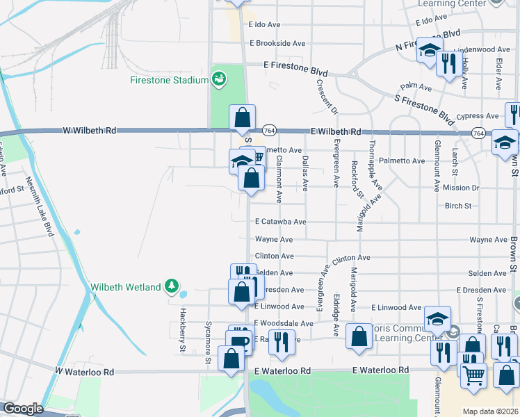 map of restaurants, bars, coffee shops, grocery stores, and more near 1831 South Main Street in Akron