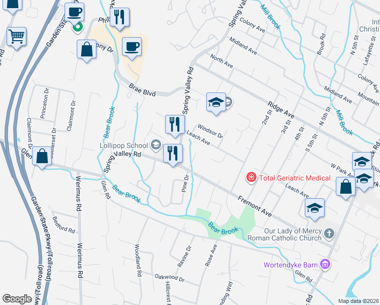 map of restaurants, bars, coffee shops, grocery stores, and more near 171 Leach Avenue in Park Ridge