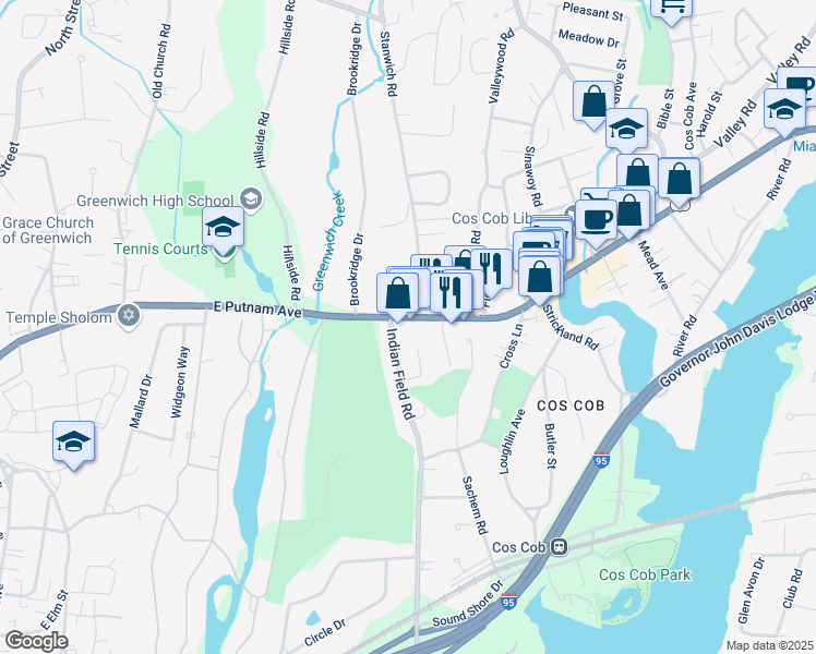 map of restaurants, bars, coffee shops, grocery stores, and more near 523 Old Post Road in Greenwich