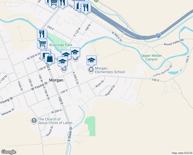 map of restaurants, bars, coffee shops, grocery stores, and more near 355 East 100 South in Morgan