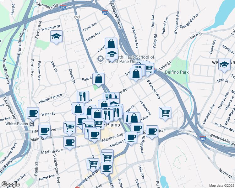map of restaurants, bars, coffee shops, grocery stores, and more near 4 Lake Street in White Plains