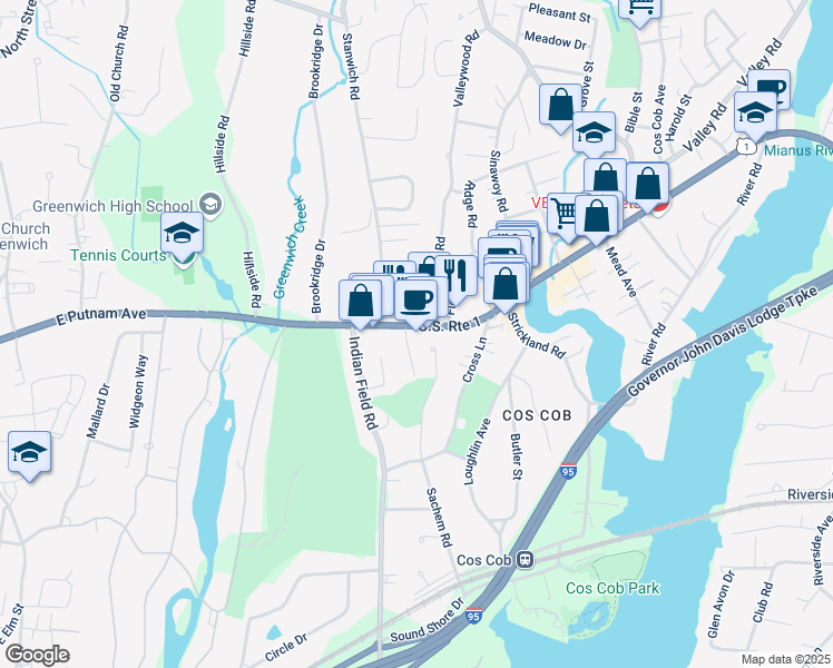 map of restaurants, bars, coffee shops, grocery stores, and more near 12 Old Post Road in Greenwich