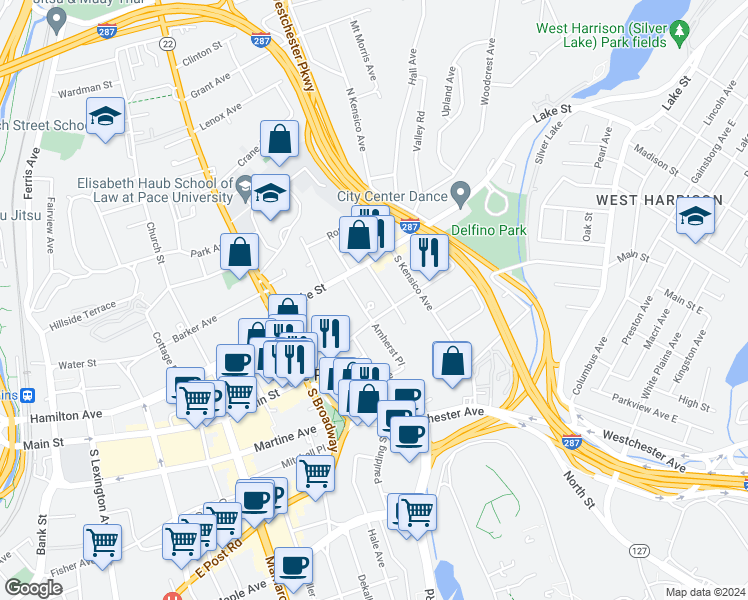 map of restaurants, bars, coffee shops, grocery stores, and more near 30 Lake Street in White Plains
