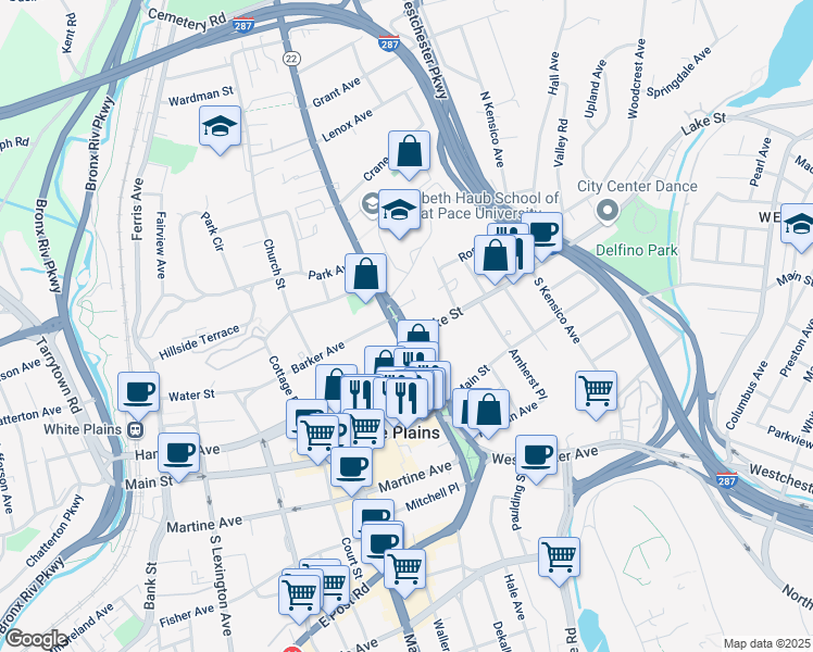 map of restaurants, bars, coffee shops, grocery stores, and more near 44 North Broadway in White Plains