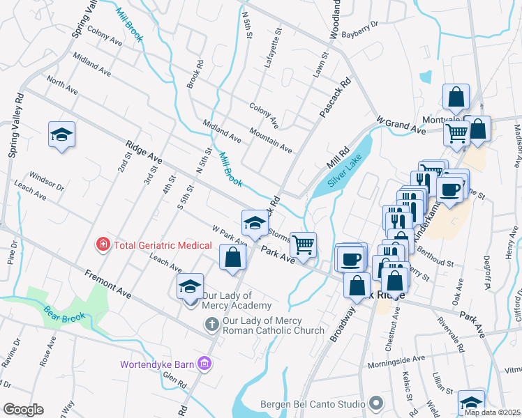 map of restaurants, bars, coffee shops, grocery stores, and more near 142 Pascack Road in Park Ridge
