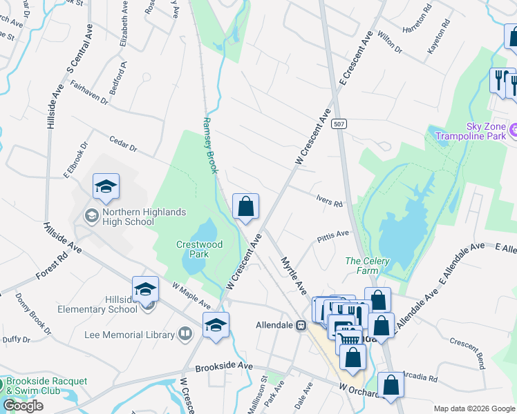 map of restaurants, bars, coffee shops, grocery stores, and more near 220 West Crescent Avenue in Allendale