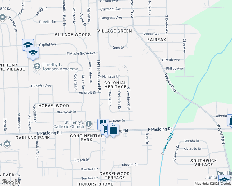 map of restaurants, bars, coffee shops, grocery stores, and more near 5107 Sherrill Drive in Fort Wayne