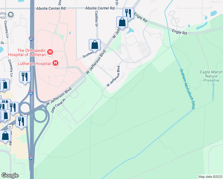 map of restaurants, bars, coffee shops, grocery stores, and more near 2 Jefferson Boulevard West in Fort Wayne