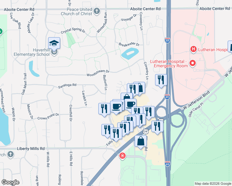 map of restaurants, bars, coffee shops, grocery stores, and more near 5115 Binford Lane in Fort Wayne