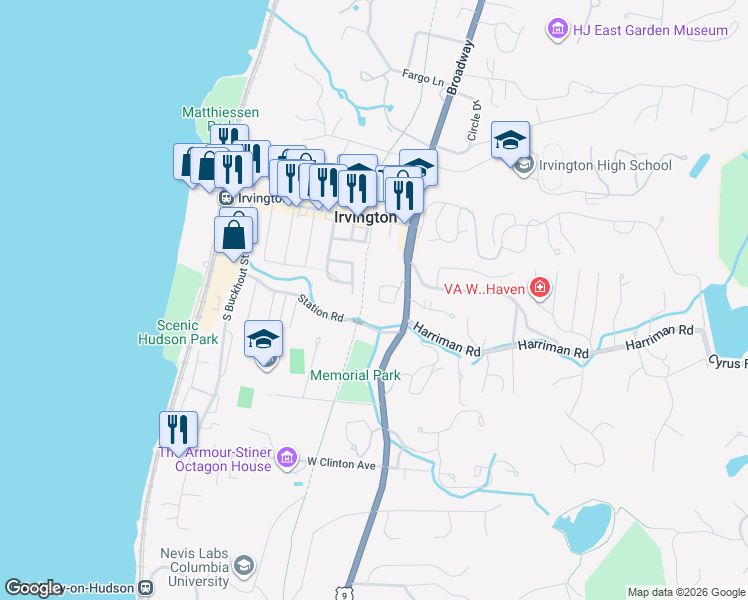 map of restaurants, bars, coffee shops, grocery stores, and more near 30 South Broadway in Irvington