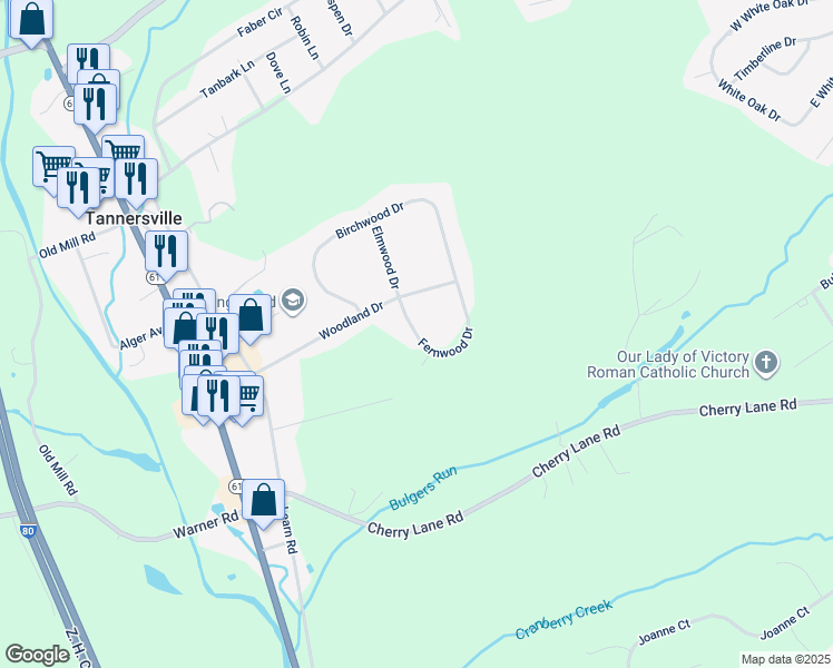 map of restaurants, bars, coffee shops, grocery stores, and more near Fernwood Drive in Tannersville