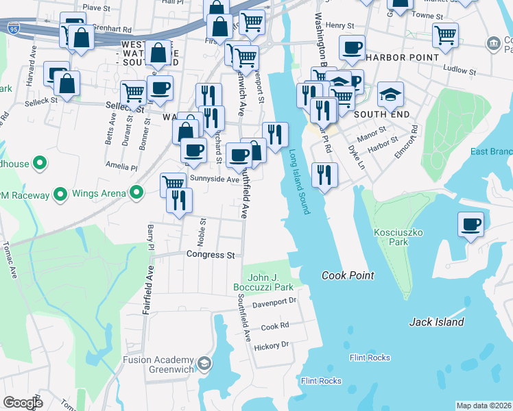 map of restaurants, bars, coffee shops, grocery stores, and more near 112 Southfield Avenue in Stamford