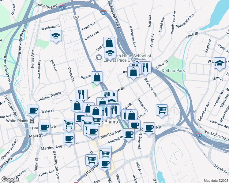 map of restaurants, bars, coffee shops, grocery stores, and more near 7 Lake St in White Plains