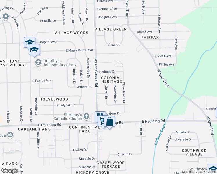 map of restaurants, bars, coffee shops, grocery stores, and more near 5105 Darius Court in Fort Wayne