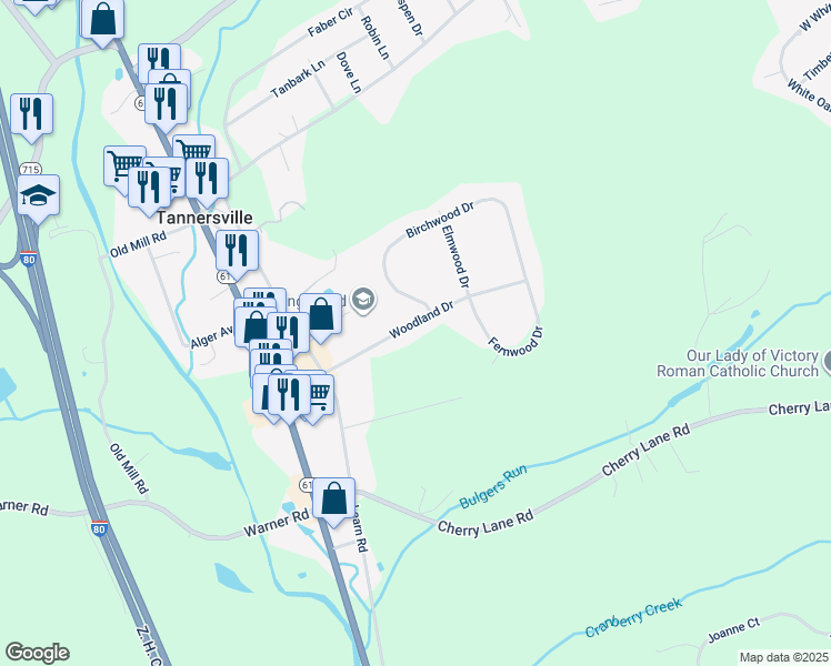 map of restaurants, bars, coffee shops, grocery stores, and more near 5140 Woodland Drive in Tannersville