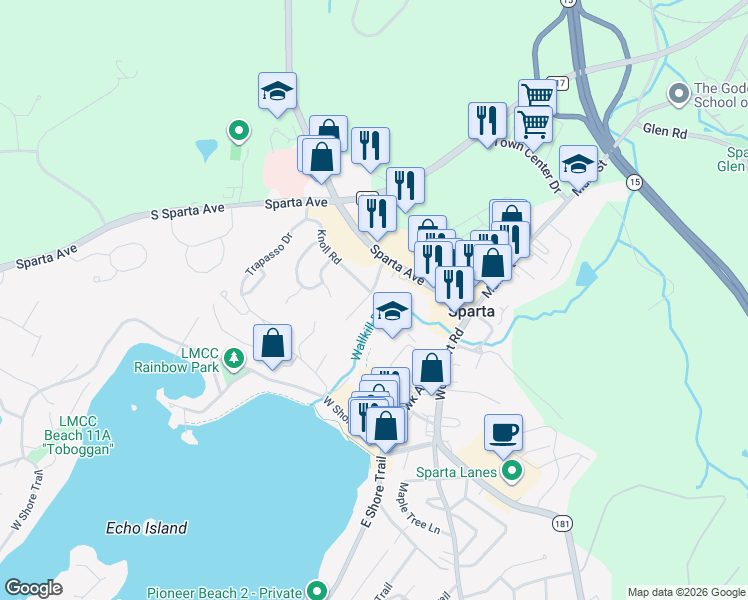 map of restaurants, bars, coffee shops, grocery stores, and more near 34 Knoll Road in Sparta