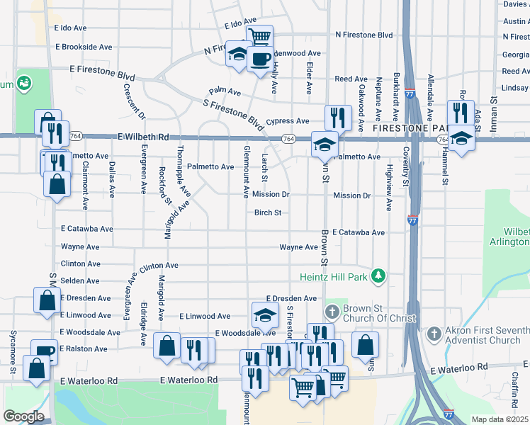 map of restaurants, bars, coffee shops, grocery stores, and more near 354 Birch Street in Akron
