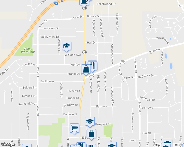 map of restaurants, bars, coffee shops, grocery stores, and more near 136 Akron Rd in Wadsworth