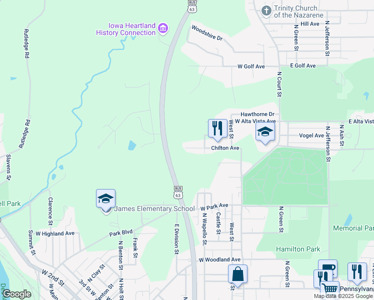 map of restaurants, bars, coffee shops, grocery stores, and more near 400-404 Chilton Avenue in Ottumwa