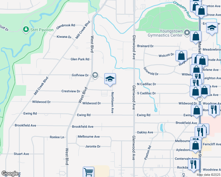 map of restaurants, bars, coffee shops, grocery stores, and more near 6125 West Boulevard in Boardman