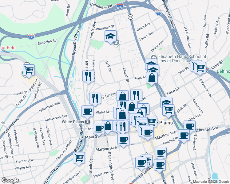 map of restaurants, bars, coffee shops, grocery stores, and more near 40-42 Park Avenue in White Plains