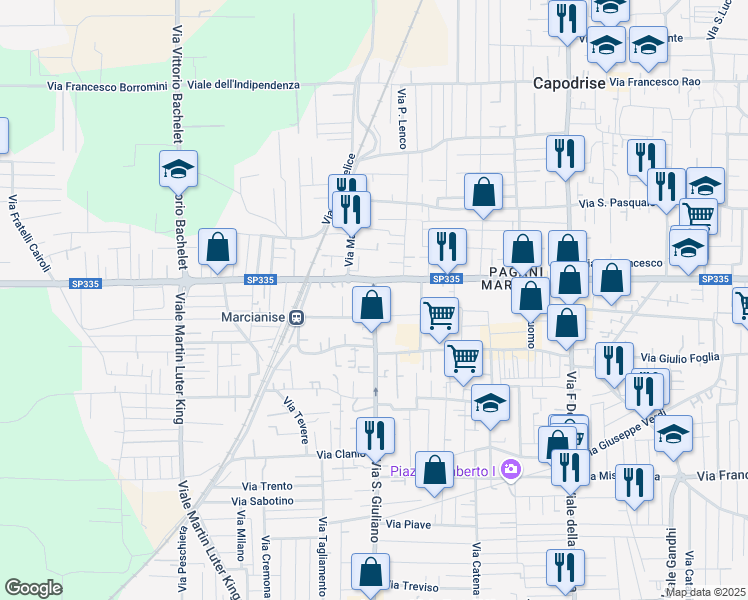 map of restaurants, bars, coffee shops, grocery stores, and more near Via Saverio Merola in Marcianise