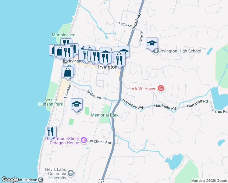 map of restaurants, bars, coffee shops, grocery stores, and more near 30 South Broadway in Irvington