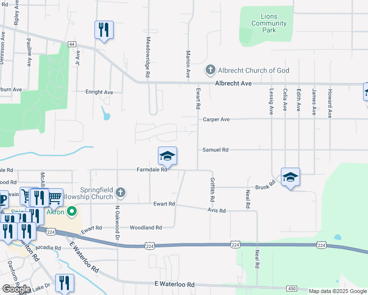 map of restaurants, bars, coffee shops, grocery stores, and more near 520 Ewart Road in Akron