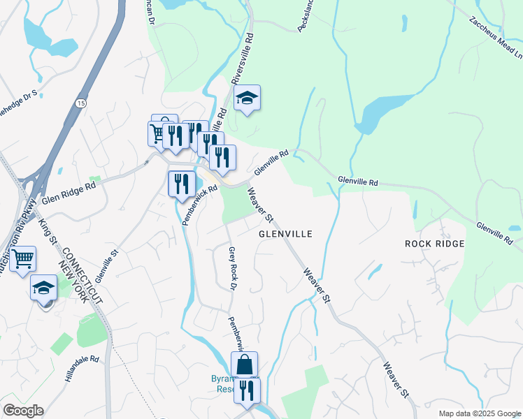 map of restaurants, bars, coffee shops, grocery stores, and more near 257 Weaver Street in Greenwich