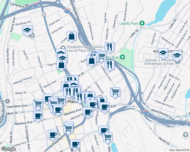 map of restaurants, bars, coffee shops, grocery stores, and more near 30 Lake Street in White Plains