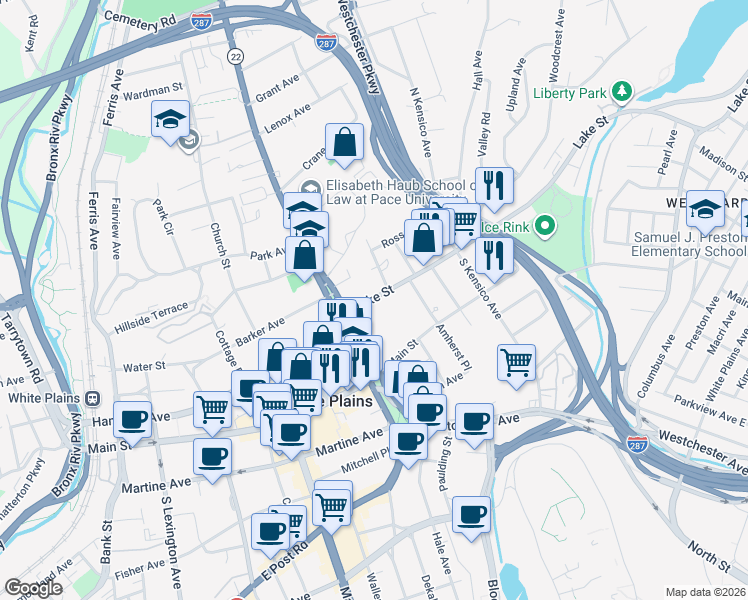 map of restaurants, bars, coffee shops, grocery stores, and more near 15 Lake Street in White Plains