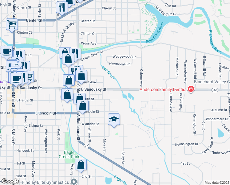 map of restaurants, bars, coffee shops, grocery stores, and more near 750 East Sandusky Street in Findlay