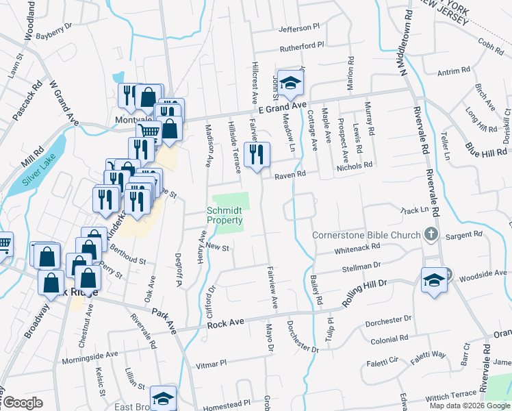 map of restaurants, bars, coffee shops, grocery stores, and more near 85 Fairview Avenue in Park Ridge