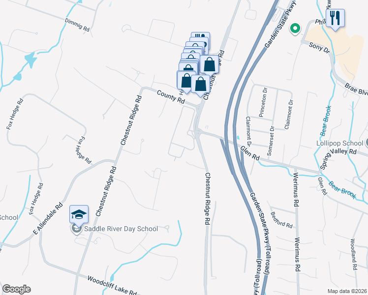 map of restaurants, bars, coffee shops, grocery stores, and more near 43 Orchard Drive in Saddle River